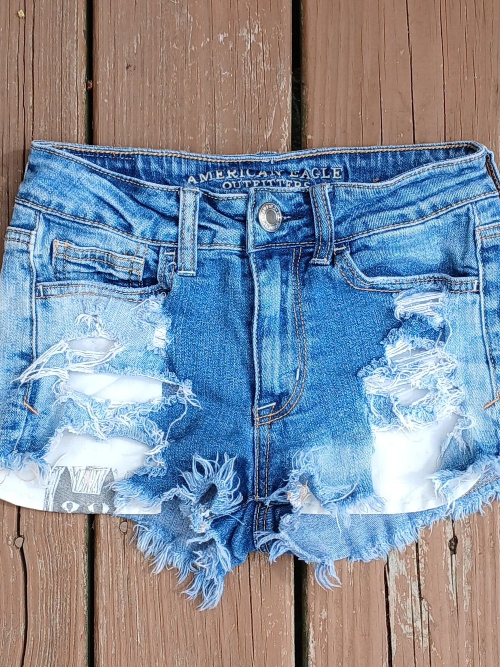 American Eagle Distressed Mid Rise Shortie Jean Shorts Size 00 Custom Cat Stamp